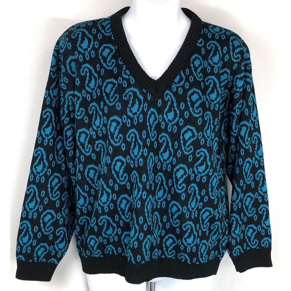 Vintage 80s jam knits pullover sweater M/L turquoise blk geometric neck retro